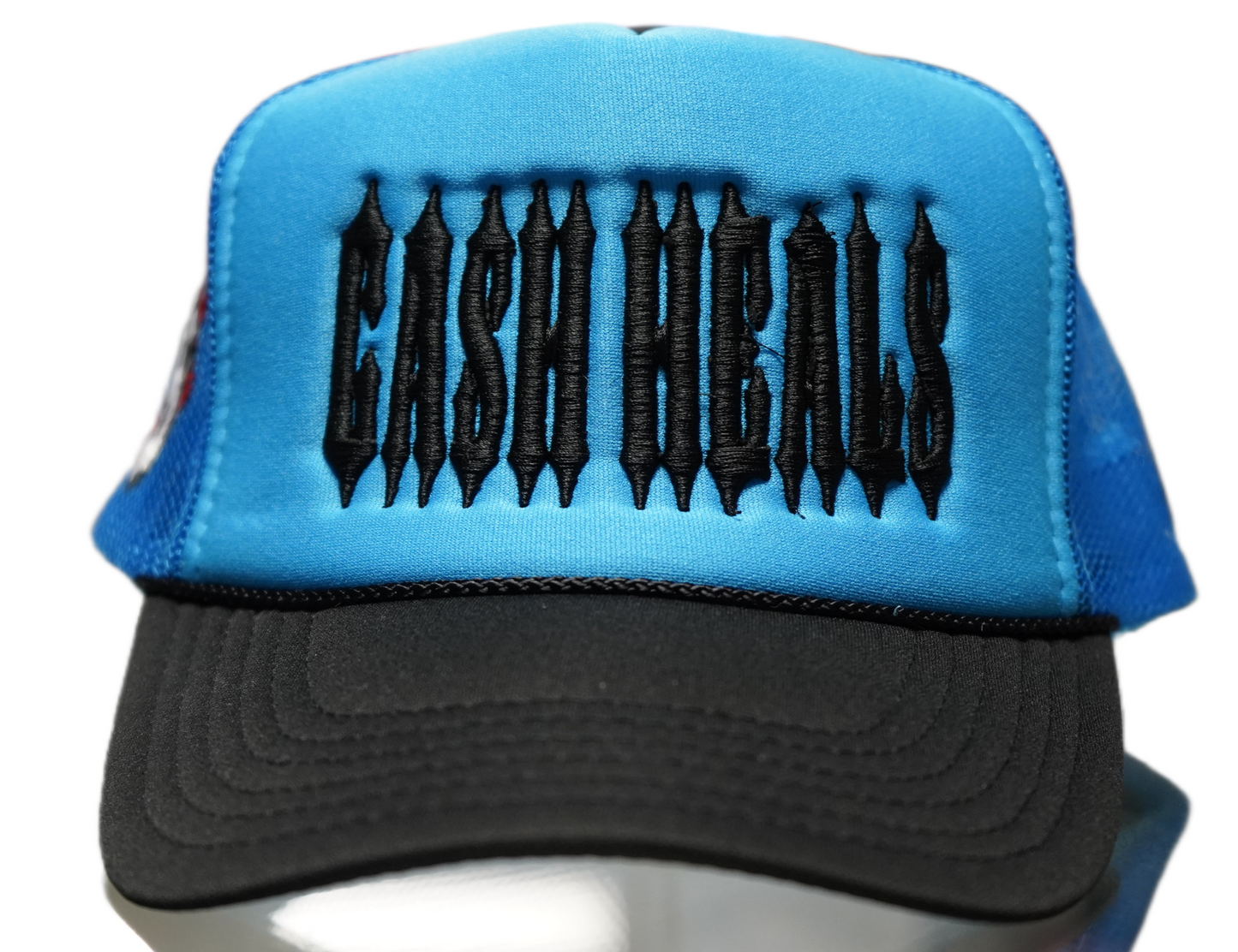 Cash Heals Neon Blue Trucker